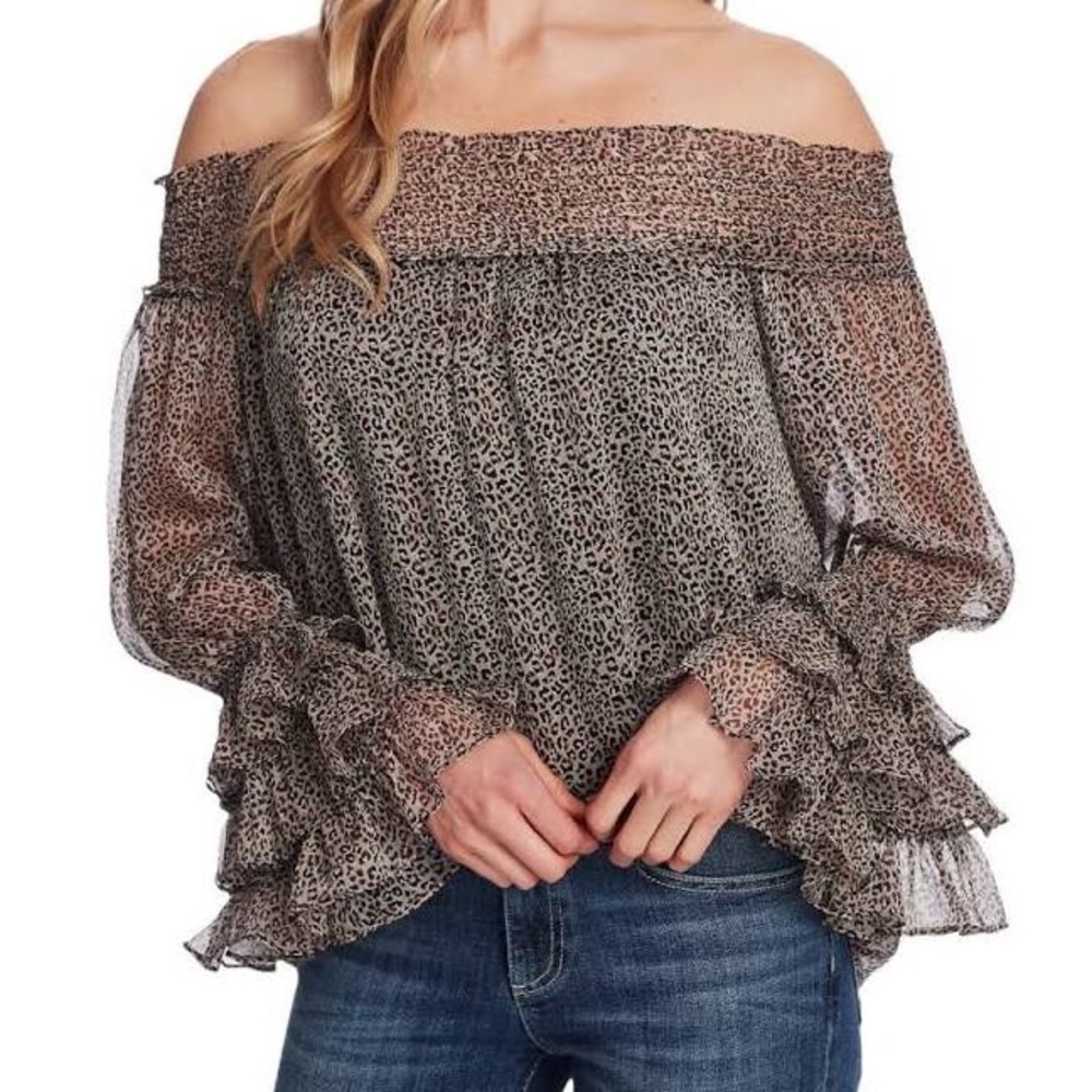 NWT CeCe off the shoulder chiffon animal print blouse in rich black